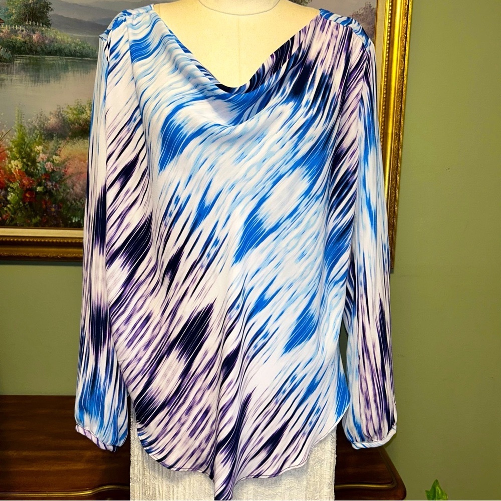 A.n.a Blue Purple White Draped Neck Open Split Sleeve Blouse Ana XL NEW NWT